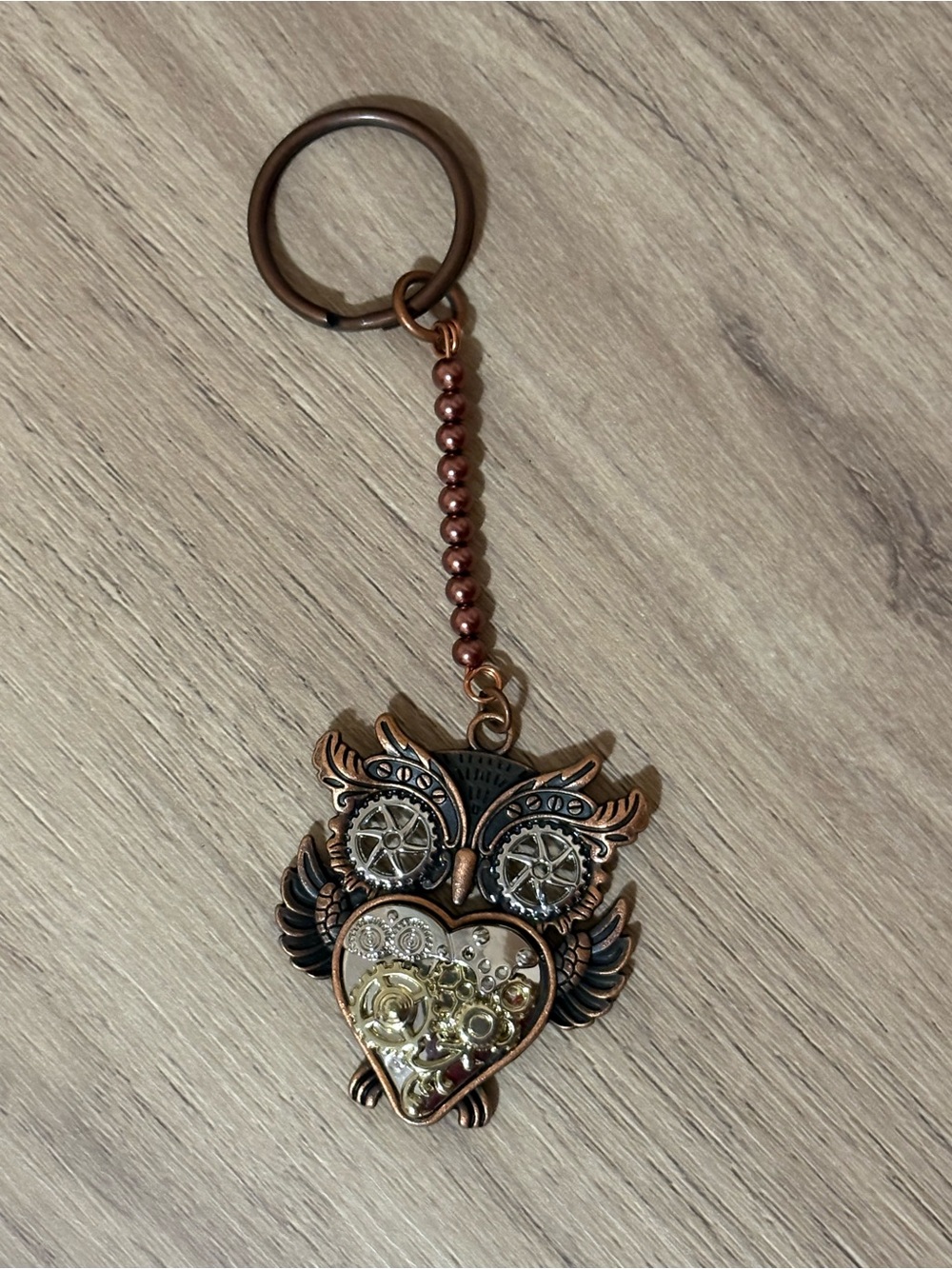 Vintage Copper Steampunk Owl Keychain with Heart Gear Accent NEW Handmade